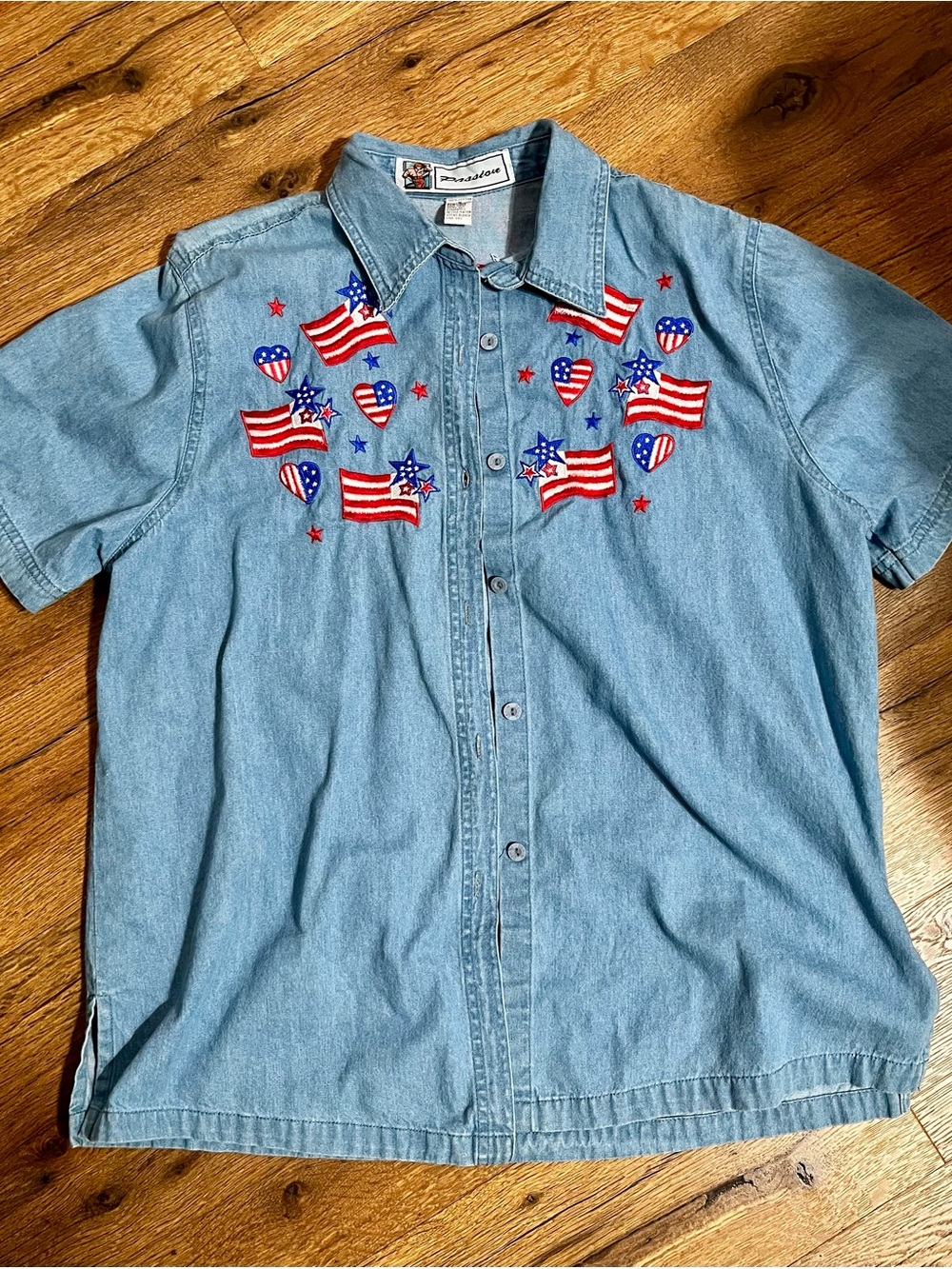 Embroidered American Flag Denim Shirt - Red, White & Blue